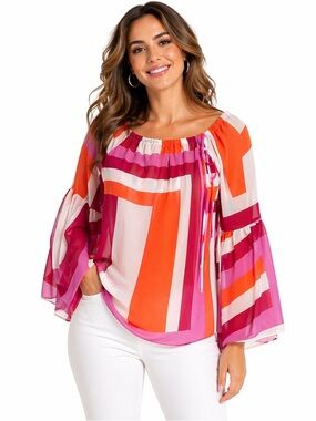 EUC Analili Size Medium Colorful Geometric Sheer Women's Top Blouse‎